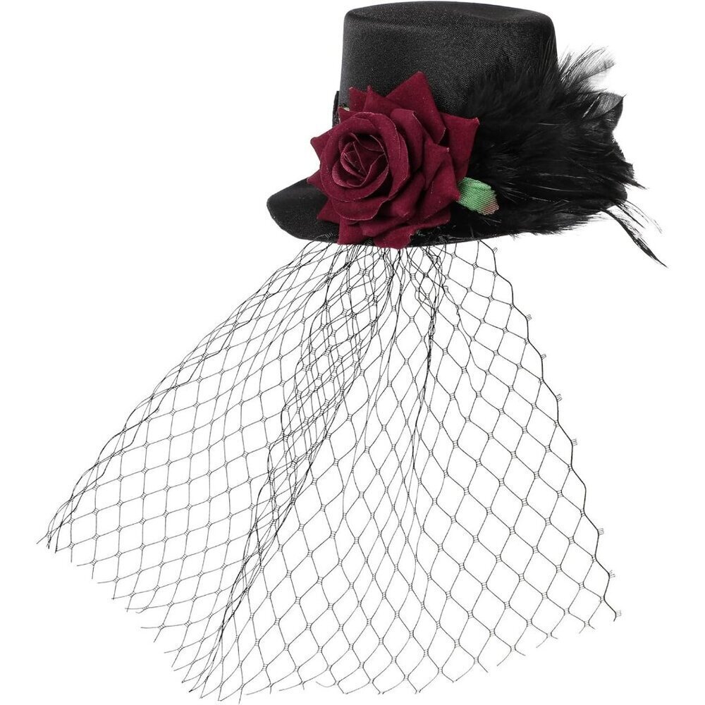 Vintage Red Rose Mesh Fascinator Hat Hair Clip for Women Elegant Party Wear